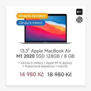 🎉 Neuvěřitelná cena 14 980 Kč! 🎉 Nenechte si ujít šanci pořídit si tento výkonný a stylový MacBook Air s procesorem M1 za...
