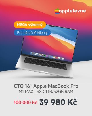 Maximum výkonu se slevou -60% Pořiď si luxusně vybavený MacBook Pro 16" s procesorem Apple M1 Max za zvýhodněnou cenu...